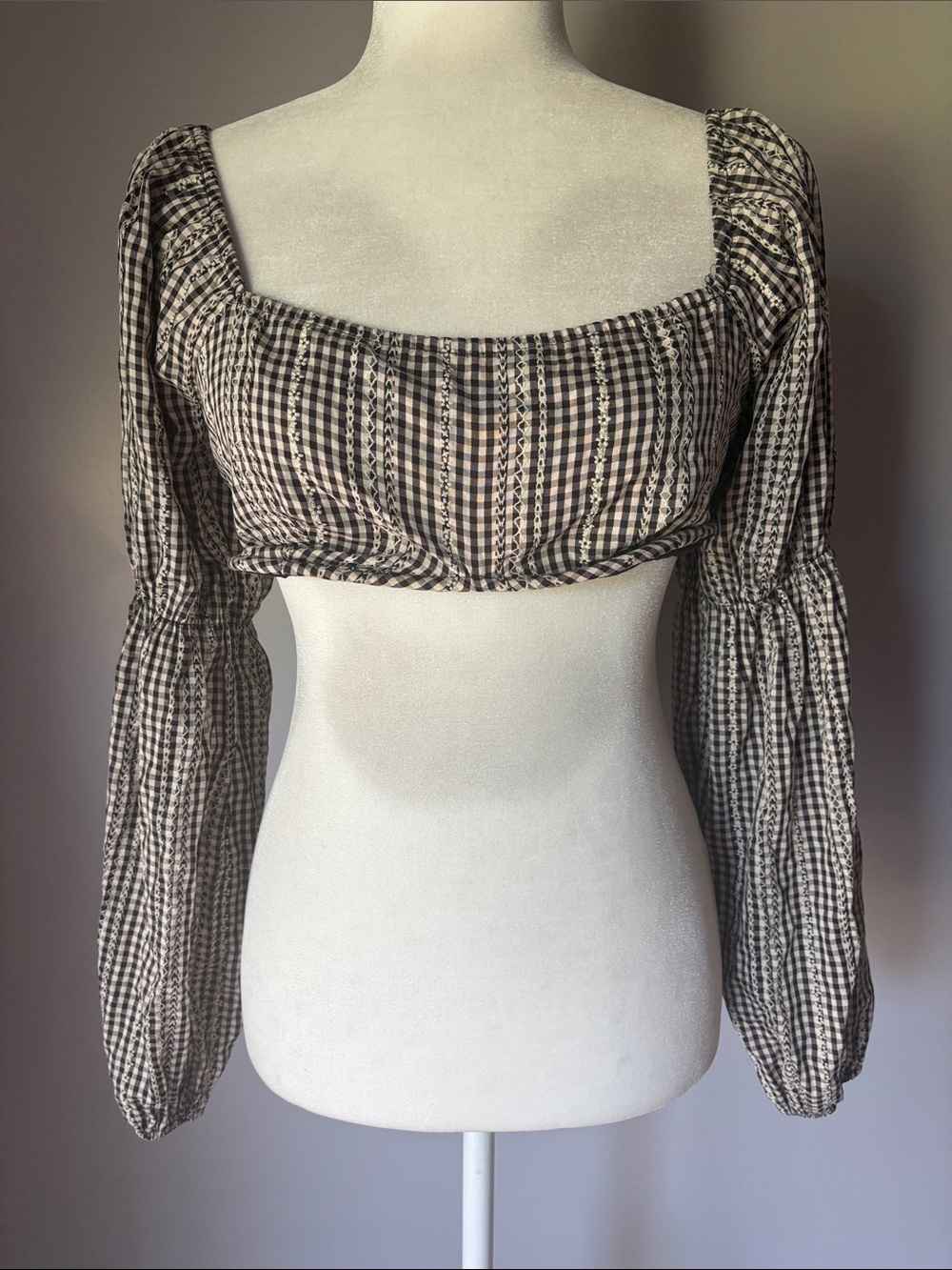 Le Lis Plaid Gingham Embroidered Smocked Underwire Crop Top